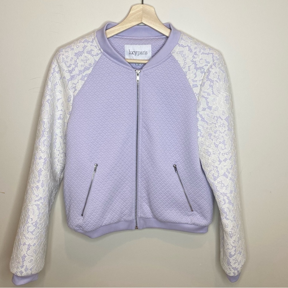 Lucy Paris Quilted Bomber Jacket With Lace Sleeves Lavender Medium